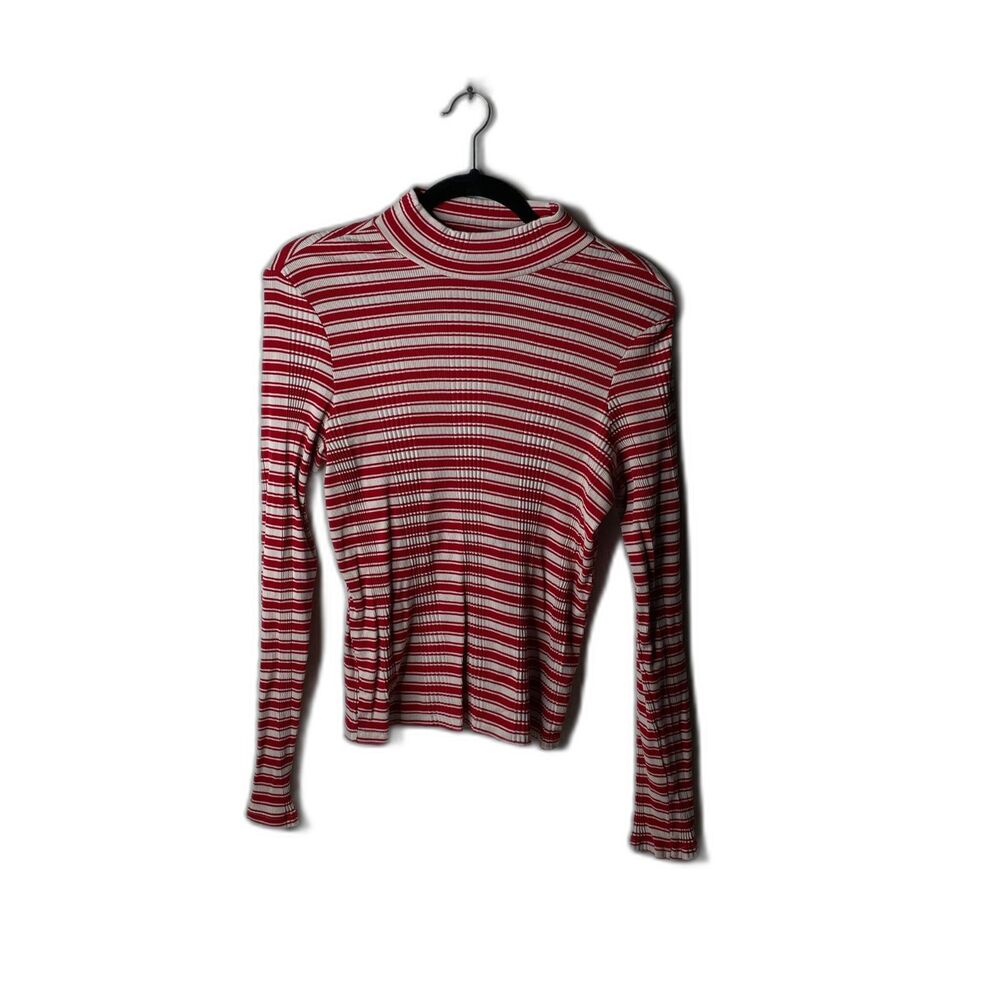 PINK Victoria’s Secret red striped ribbed nautical mock neck fitted top XL